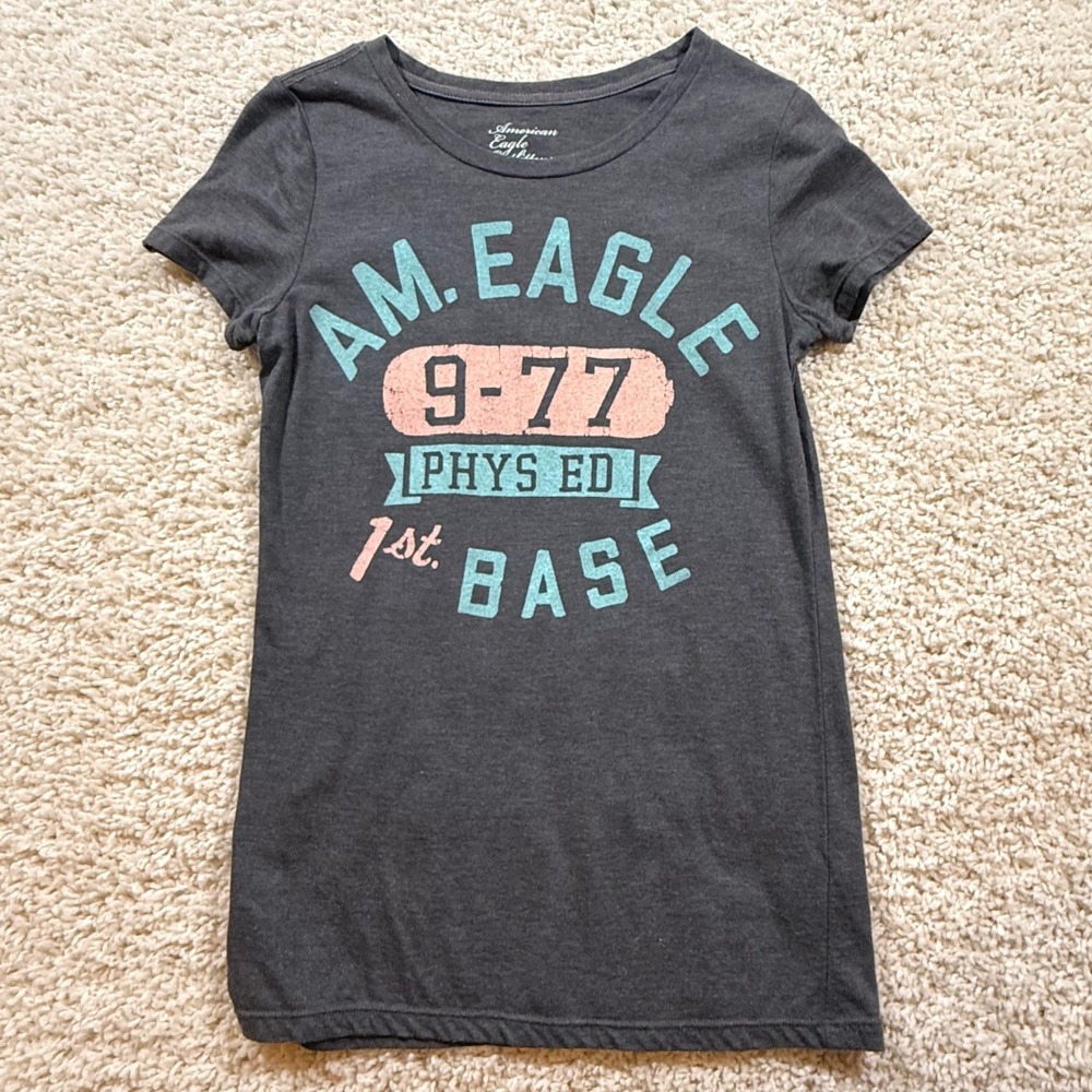 Y2K American Eagle Gray Short Sleeve Graphic T-Shirt M Baby Tee Vintage Slim Fit